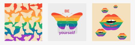 Illustration for Set of LGBT posters on beige background.Vector set of greeting cards for LGBTQIA pride month. LGBTQ set with butterflies, lips. A symbol of pride for the LGBT community. Rainbow elements. - Royalty Free Image