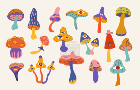 Illustration for Set of clockwork mushrooms in retro 70s style. Psychedelic abstract hippie style mushrooms with eyes. Vector illustration on a light background. - Royalty Free Image