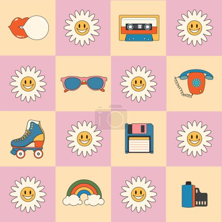 Illustration for Groovy hippie 70s seamless pattern. Funny cartoon flower, daisy,glasses, phone, lips, film, disk. Sticker pack in trendy retro cartoon style. Yellow-pink geometric background. - Royalty Free Image