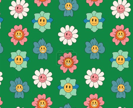 Illustration for Groovy 70s seamless pattern. Funny cartoon flowers with a face. Trendy retro psychedelic cartoon style. Green background. - Royalty Free Image