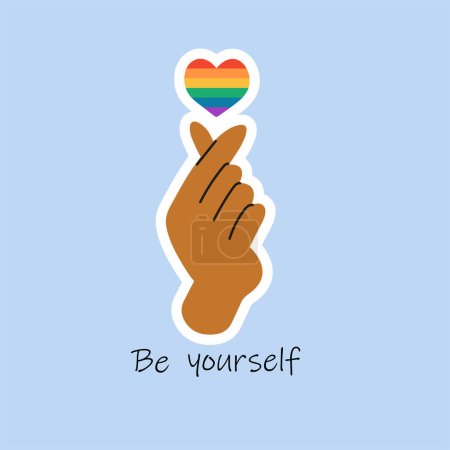 Illustration for Be yourself. Hand holding heart in colors of LGBTQ community. Hands gesture. Pride month sticker. LGBT flat style icon.For design poster, postcard, banner and background. - Royalty Free Image