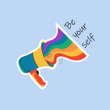 Illustration for Be yourself. LGBT megaphone with rainbow . Vector illustration pride month voice speaker with rainbow for design poster, postcard, banner and background. - Royalty Free Image