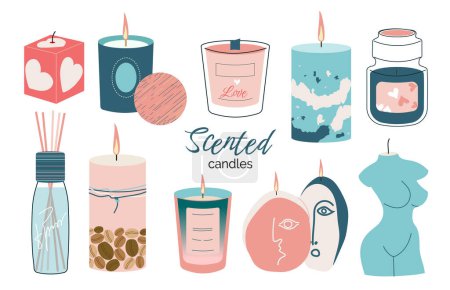 Illustration for Various candles. Various shapes and sizes. A pillar, a candle in a jar, a square, a candle in a container. Decorative wax candles for relaxation and spa. - Royalty Free Image