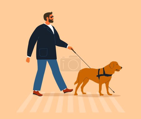 Illustration for Blind man walk outdoor with guide dog assistance. Person who is visually impaired or blind crossing a street crosswalk with a cane and seeing-eye labrador. Visual impairment concept. - Royalty Free Image