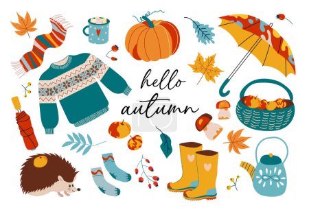 Illustration for Autumn icons set: falling leaves, pumpkins, sweater, cute hedgehog, boots, basket of apples and more. Autumn season elements suitable for scrapbook, postcards, posters - Royalty Free Image