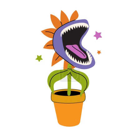 Illustration for Vector hungry carnivorous plant in pot. Happy Halloween. Venus fly trap catches a fly. Vector illustration - Royalty Free Image