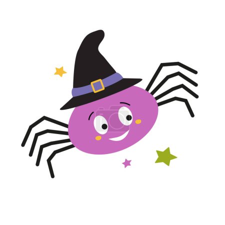 Téléchargez les illustrations : Joyeux Halloween. Illustration vectorielle de l'araignée en chapeau de fête aux couleurs tendance pour carte postale, flyer, bannière sur fond blanc - en licence libre de droit
