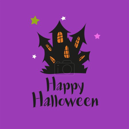 Illustration for Happy Halloween with dark castle on violet background. Vector illustration. Happy Halloween Card Template. - Royalty Free Image