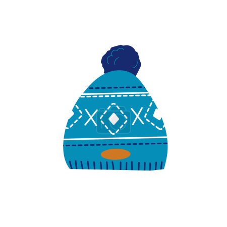 Illustration for Knitted blue winter hat with bubo. Winter clothes. Flat vector illustration. - Royalty Free Image