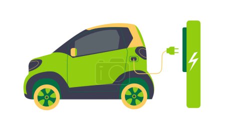 VUS électrique moderne intelligent. Illustration vectorielle plate d'une voiture électrique verte chargée sur une borne de recharge. Le concept du mouvement électronique de l'électromobilité. Illustration isolée vectorielle plate