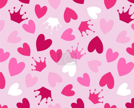 Illustration for Cute trendy pink seamless pattern with crown and hearts. Beautiful girly wallpaper in the style of Pinkcore. Vector. - Royalty Free Image