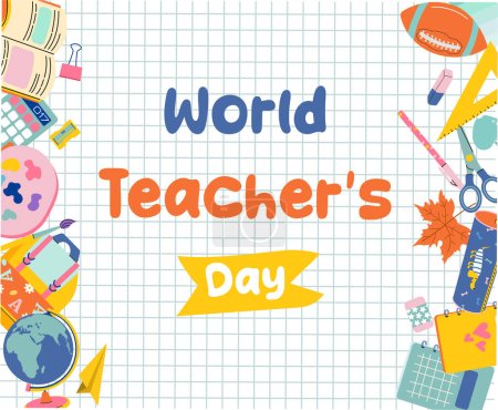 Illustration for Happy Teacher's Day vector Illustration with school equipment such as notebooks, pencils, bags, books and others in flat cartoon background. - Royalty Free Image