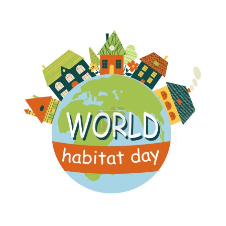 Ilustración de Día Mundial del Hábitat 5 logo icono de octubre con pueblos o ciudad en globo ilustración. Ilustración vectorial. - Imagen libre de derechos