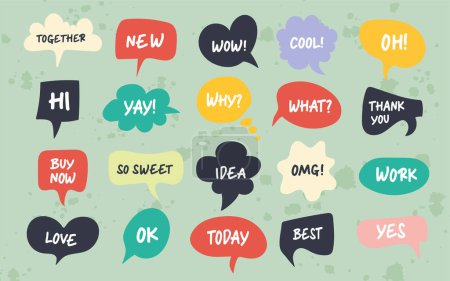 Illustration for Hand drawn set of speech bubbles with handwritten short phrases. Vector illustration. - Royalty Free Image