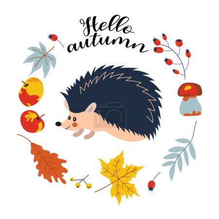 Illustration for Hello autumn. Cartoon hedgehog, hand drawing lettering. Card with leaves, autumn elements and cute forest animal on white background.Design for cards, print, poster. - Royalty Free Image