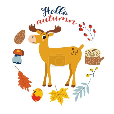 Illustration for Hello autumn. Cartoon moose, hand drawing lettering. Card with leaves, autumn elements and cute forest animal on white background.Design for cards, print, poster. - Royalty Free Image
