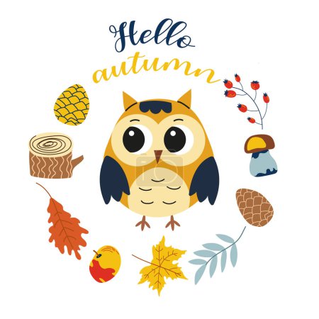 Illustration for Hello autumn. Cartoon owl, hand drawing lettering. Card with leaves, autumn elements and cute forest animal on white background.Design for cards, print, poster. - Royalty Free Image