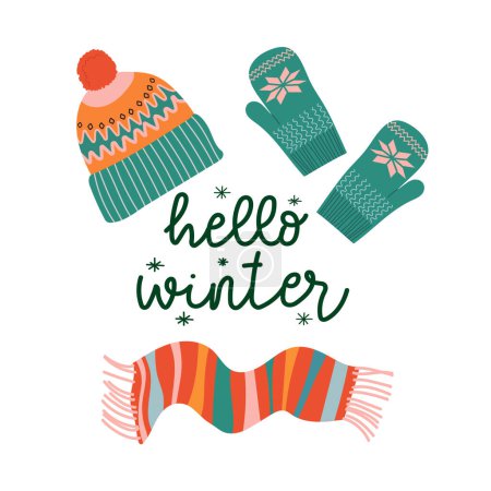 Illustration for Hello winter. Drawing mittens,hat, scarf and snowflakes. Illustration with lettering.Vector freehand illustration - Royalty Free Image