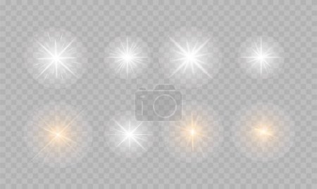 Illustration for Set of shining stars, bright flashes of lights with radiant light on a checkered background. Transparent glowing light effects in vector. - Royalty Free Image