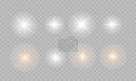 Ilustración de Conjunto de estrellas brillantes, destellos brillantes de luces con luz radiante sobre un fondo a cuadros. Efectos luminosos brillantes transparentes en el vector. - Imagen libre de derechos