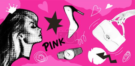 Illustration for Collage design elements in trendy dotted pop art style with girl, shoes, watch, handbag. Retro halftone effect.Glamorous trendy pink accessories set. Vintage vector set. Nostalgic pink 2000s style. - Royalty Free Image