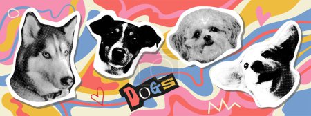 Illustration for Collage design elements in trendy dotted pop art style. Retro halftone effect. Portraits of dogs of various breeds.Vector isolated elements. Cute dogs. Print design, t-shirt print - Royalty Free Image