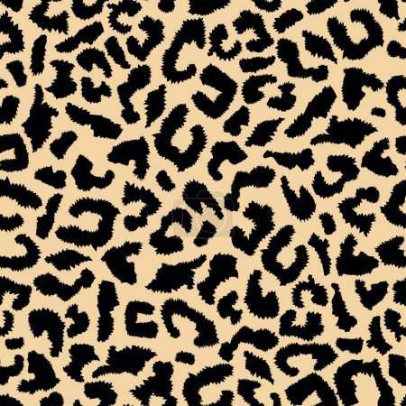 Ilustración de Patrón de leopardo sin costura vectorial, manchas negras sobre un fondo beige. Fondo de moda para tela, papel, ropa. Patrón animal. - Imagen libre de derechos