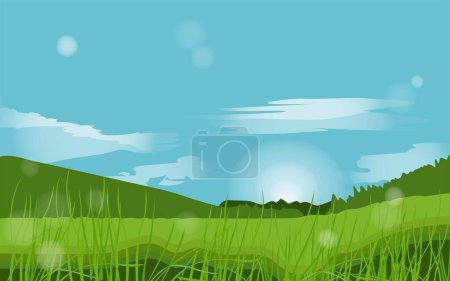 Téléchargez les illustrations : Paysage naturel pour fonds d'écran ou vue panoramique sur prairie, prairie ou clairière horizon scène avec ciel et soleil, herbe et arbres, nuages. Illustration vectorielle - en licence libre de droit