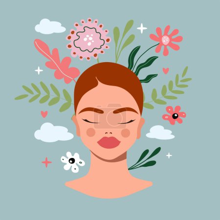 Illustration for Happy woman feel confident, relax, accept and love herself. Healthy mentality and self care illustration. Vector illustration. - Royalty Free Image