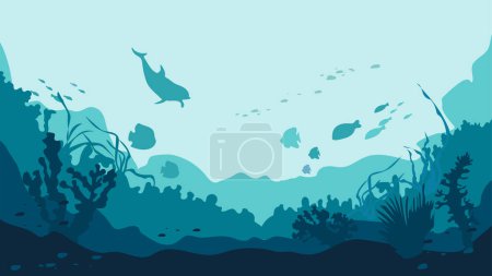 Téléchargez les illustrations : Fond marin flore et faune, fond marin monde vecteur fond. Silhouette de dauphins, algues et récifs, banc de poissons sur paysage sous-marin. - en licence libre de droit