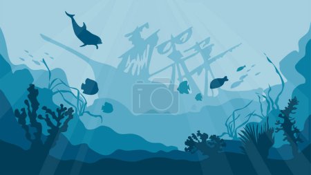 Téléchargez les illustrations : Silhouette d'un récif corallien avec des poissons et une épave au fond dans la mer bleue. Paysage sous-marin, mer ou océan sous-marin avec épaves de navires, fond de silhouette vectorielle. - en licence libre de droit