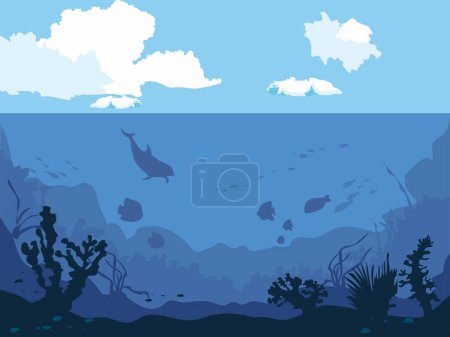 Téléchargez les illustrations : Vecteur sous-marin et paysage sous-marin. Vue sous-marine avec une eau bleue claire avec des nuages dans le ciel. Ocean waterline anime pur style. Conception de fond - en licence libre de droit