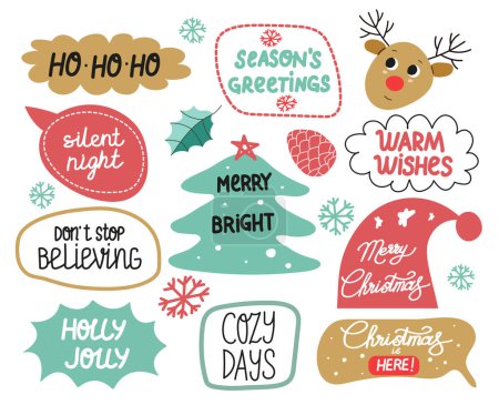 Illustration for Christmas stickers set. Winter festive quotes. Cute holiday badges, lettering, doodle quotes, stickers. Vector illustration. - Royalty Free Image