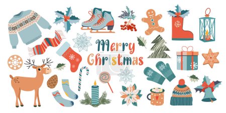 Illustration for Big Christmas set of festive symbols and design elements. Stickers set. Hand drawn style. - Royalty Free Image