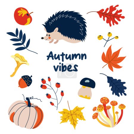 Illustration for Autumn vibes. Hand drawn collection with pumpkin, hedgehog, fruits, leaves, berries and mushrooms. Vector cute flat illustration. - Royalty Free Image