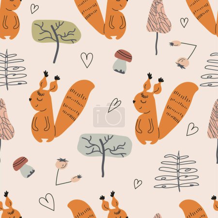Illustration for Cute seamless pattern with squirrel,mushrooms,berries,hearts and trees. Childish texture for fabric, textile, apparel, nursery decoration. Hand drawn vector illustration. - Royalty Free Image