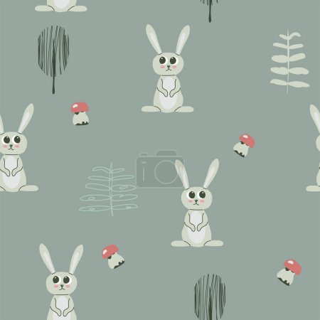 Illustration for Cute seamless pattern with bunny, mushrooms and trees. Childish texture for fabric, textile, apparel, nursery decoration. Hand drawn vector illustration. - Royalty Free Image