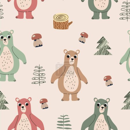 Illustration for Seamless pattern with cartoon bears, trees, decor elements. Childish texture for fabric, textile, apparel, nursery decoration. Hand drawn vector illustration. - Royalty Free Image