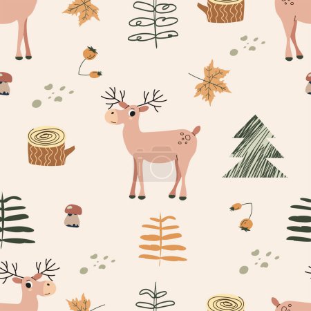 Illustration for Seamless pattern with cartoon moose, trees, decor elements. Childish texture for fabric, textile, apparel, nursery decoration. Hand drawn vector illustration. - Royalty Free Image