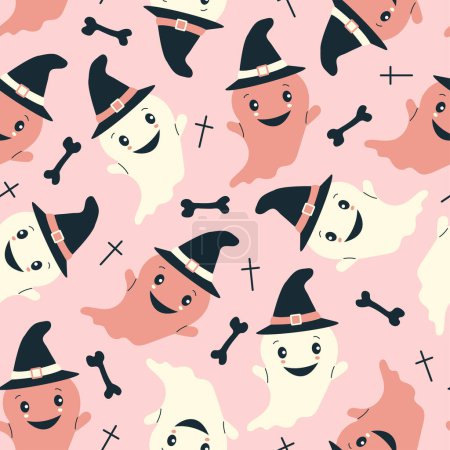 Illustration for Cute halloween ghost seamless pattern repeat print background. Vector illustration. Holiday spooky pattern for gift paper, cards, wallpaper, decoration - Royalty Free Image