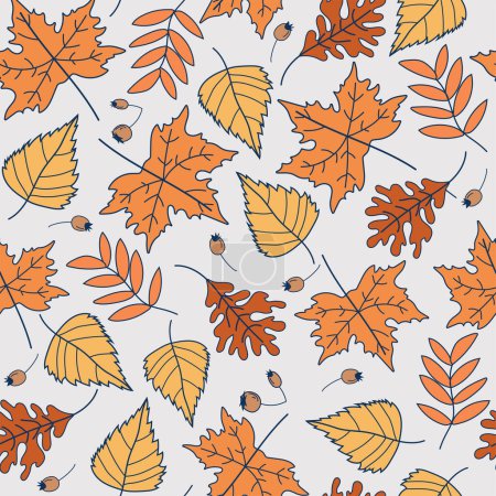 Illustration for Autumn leaves seamless repeating pattern vector illustration. Good for wrapping paper, textile prints, stationary, nursery decor, apparel, scrapbooking, etc. - Royalty Free Image