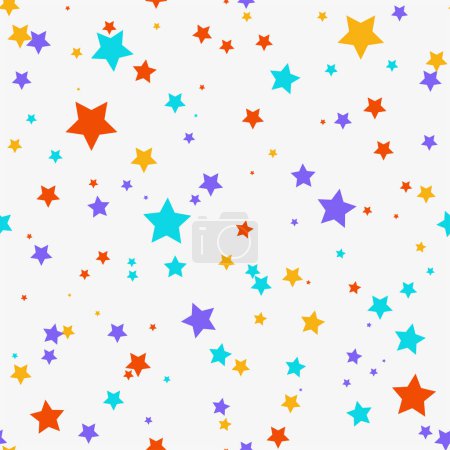 Illustration for Colorful falling confetti on white background, seamless carnival pattern. Lots of falling colorful confetti in the form of stars. Multicolored confetti carnival design. - Royalty Free Image