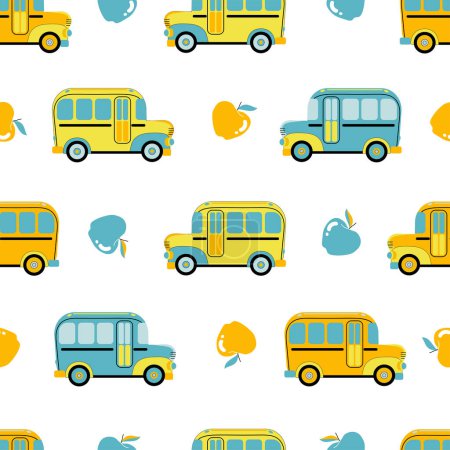 Illustration for Back to school. Seamless pattern with school bus and apples. Endless tileable vector illustration. - Royalty Free Image