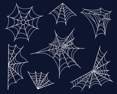 Illustration for Spider web set isolated on dark background. Scary hanging trap for holiday frame isolated on black. Vector illustration - Royalty Free Image