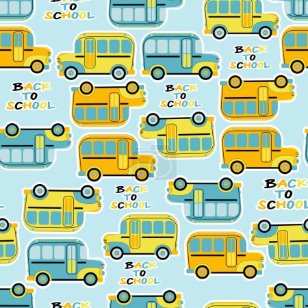 Illustration for Back to school. Seamless pattern with school bus on a blue background. Endless tileable vector illustration. - Royalty Free Image