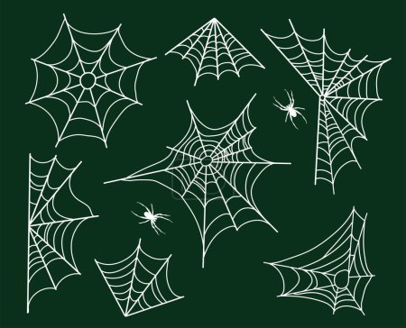 Illustration for Spider web set isolated on dark background.Web with spiders in doodle style. Vector illustration - Royalty Free Image