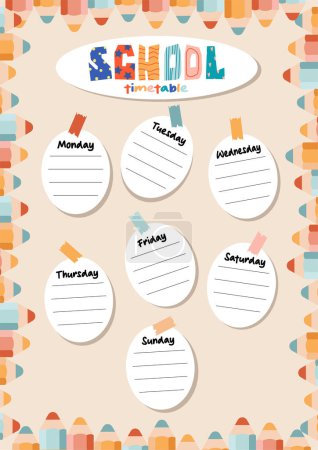 Illustration for School timetable, weekly schedule vector template with cute stationery. Schedule for the student in the form of board training and stickers with space for notes. - Royalty Free Image