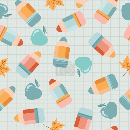 Illustration for Cute seamless pattern with colorful pencils, apples, leaves on a checkered background. Great for wallpaper, web background, wrapping paper, fabric, packaging, greeting cards - Royalty Free Image