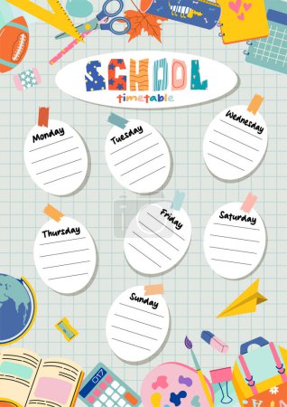 School timetable, weekly schedule vector template with cute stationery. Schedule for the student in the form of board training and stickers with space for notes.