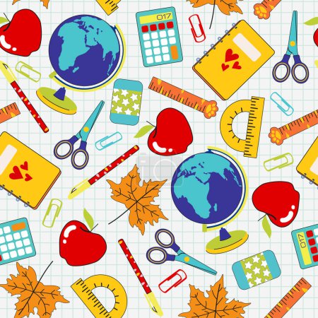 Illustration for School seamless pattern with school supplies on a checkered background. Good for wrapping paper, scrapbooking, stationary, wallpaper, kids textile, etc. - Royalty Free Image